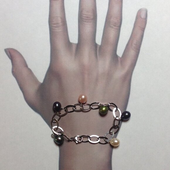 Sterling Silver Multi Color Teardrop Freshwater Pearl Bracelet - Picture 1 of 4